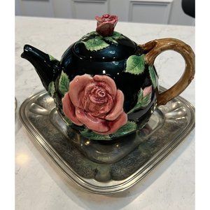 Fitz and Floyd Midnight Rose Tea Pot  Embossed Pink Roses on Black Vintage Rare